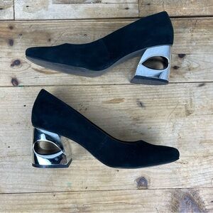H by Halston "Krista" Block Heel Suede Pumps - Black/Metallic Silver - Size 6.5